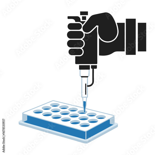 Black Hand with Micropipette Dispensing Liquid into Blue Microplate for Scientific Research and Medical Analysis on White Background
