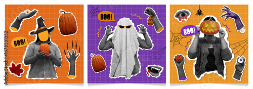Halloween fun collage featuring playful ghosts and pumpkins. Vector illustration