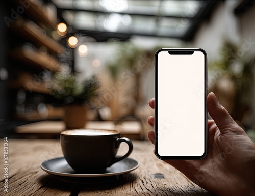 Smartphone held in hand, blank screen, coffee shop