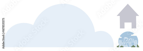 Cloud shape with urban skyline and upward arrow representing connectivity, data storage, and smart living. Ideal for technology, networking, innovation, city development, sustainability, remote