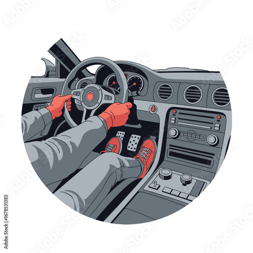 Close Up of a Driver Operating Car in Gray Interior with Red Accents and Pixel Art Style
