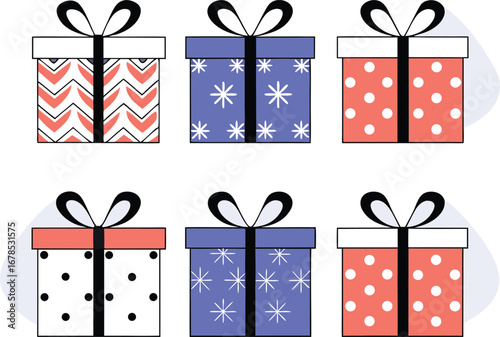 Six colorful gift boxes with different patterns, perfect for any celebration or special occasion