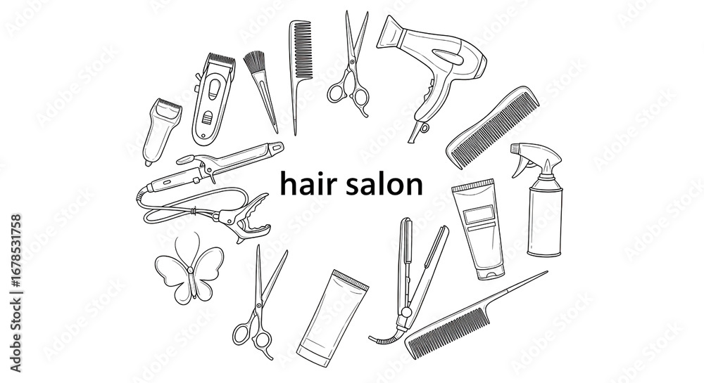Obraz premium Hair salon tools arranged in a circle with text isolated PNG with Transparent Background