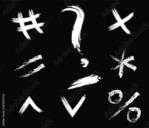 White grunge brush stroke math and punctuation symbols on a black background art