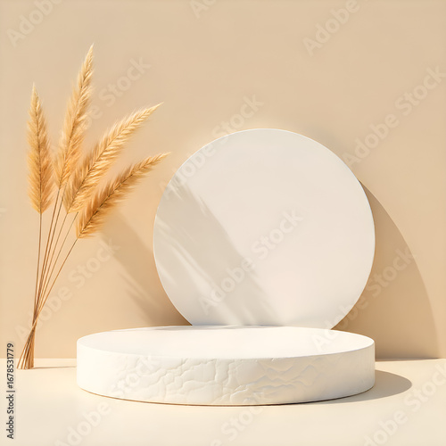 Minimalist podium for product display with dried wheat spikes on beige background, a modern presentation