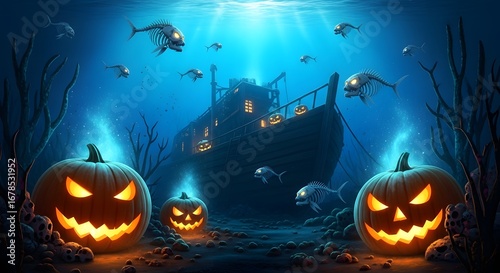 Haunted Ocean Scene with Halloween Pumpkins and Skeleton Fish
