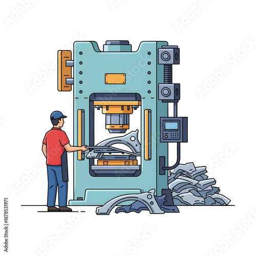 Illustration of a Blue Industrial Press Machine Operated by a Man in Red Shirt Producing Metal Parts on a White Background Pixel Art