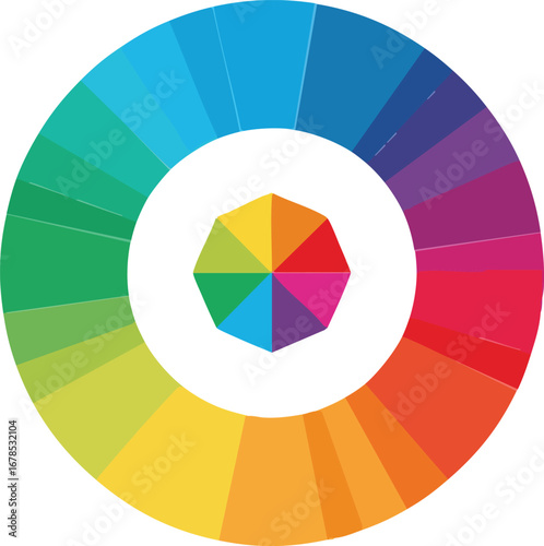 A color wheel illustration showing a spectrum of hues arranged in a circular format with a geometric center.