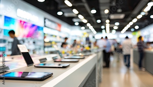 Blurred electronics store interior. Displays of tablets and phones