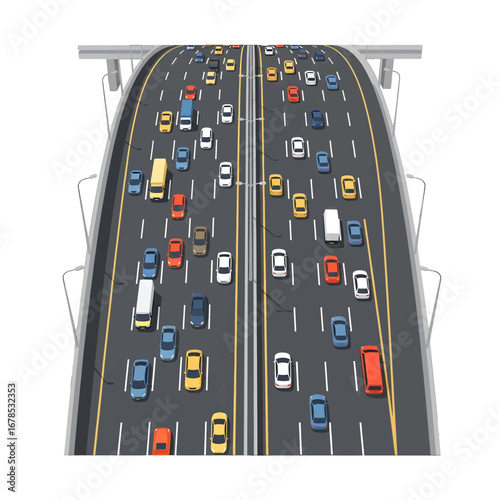 Aerial Top View of a Busy Highway With Lots of Cars During the Day A Concrete Overpass and Asphalt Road Surface With Yellow Stripes