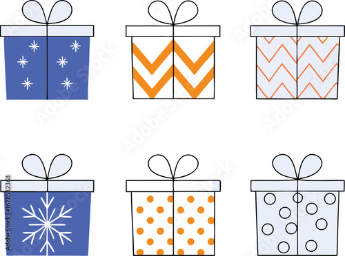 Collection of six colorful gift boxes with different patterns, perfect for any festive occasion
