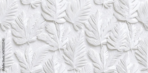 Abstract white textured pattern of sculpted tropical leaves