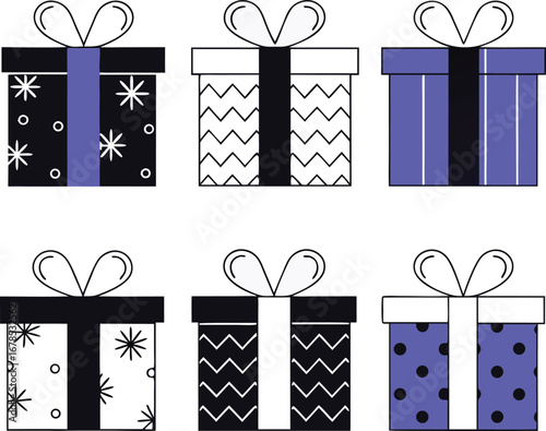 A delightful array of six gift boxes, each adorned with unique patterns and ribbons