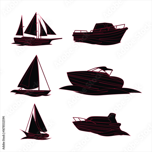 Silhouette of a pirate ship sailing with a skull and crossbones flag on top of the mast at sea.Illustration of various boats including sailboats and rowboats in black silhouette on a white background.