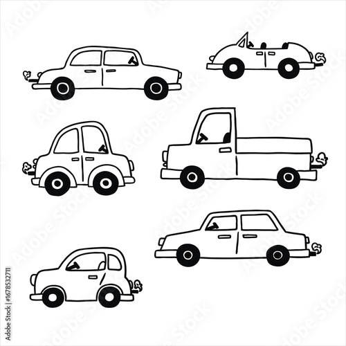 Car icon set. Automobile From Various Sides, Monochrome symbol. Side, Bottom, Top, Front View, Isometric Projection, Interior of the Car. Black and white.