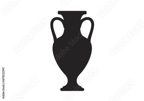 A black amphora with curved handles and a small base sits isolated against a white background