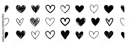 Collection of Hand-Drawn Black Hearts on a White Background
