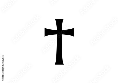 A black cross with a flared base and curved arm ends isolated on a white background