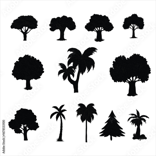silhouette tree line drawing set, Side view, set of graphics trees elements outline symbol for architecture and landscape design drawing. Vector illustration in stroke fill in white.