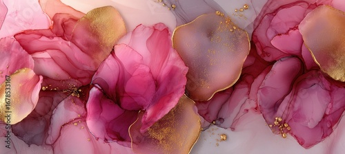 Abstract art with flowing pink, rose, and mauve hues, accented by gold flecks