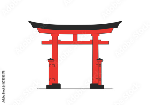 A red torii gate stands with black accents on the roof and base against a white background