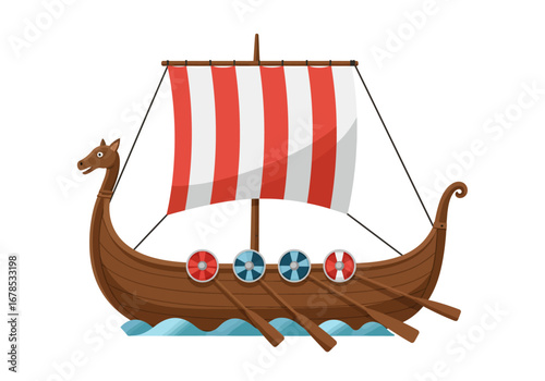 A Viking ship with a horse head figurehead striped sail shields oars and stylized waves