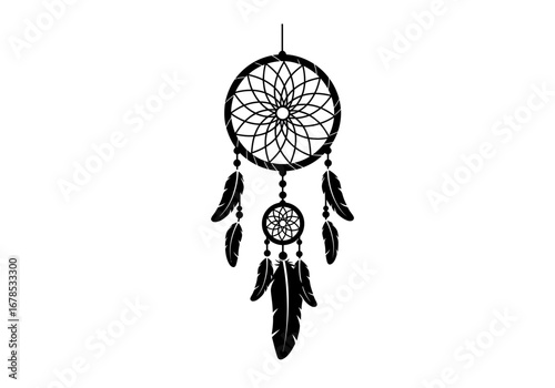 Black dreamcatcher featuring detailed web design  dangling feathersbeads suspended