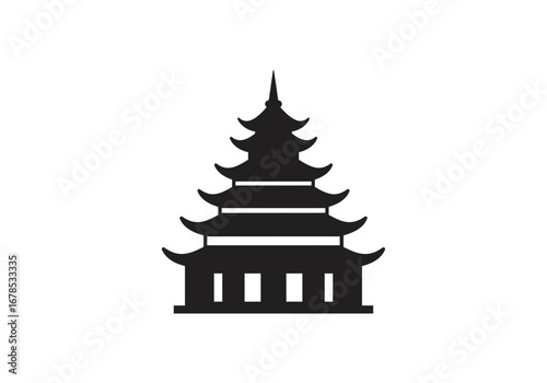Black silhouette of a fivetiered pagoda temple on a white background