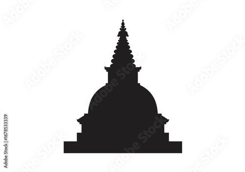 Black silhouette of a Buddhist stupa domeshaped with tiered base  spire on a white backdrop