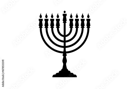 Black silhouette of a menorah with nine candleholders eight with flames
