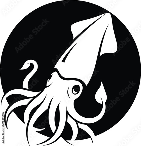 Stylized black and white illustration of a squid in a circle