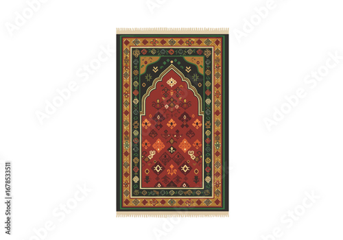 Prayer rug features arched geometric designs in red black  gold on a white background