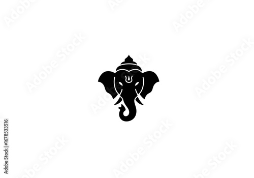 Silhouette of Ganesha Hindu god with a distinct elephant head positioned centrally on a white background