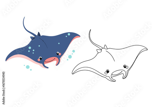 Adorable cartoon stingray swimming happily, coloring page illustration, ocean animal concept