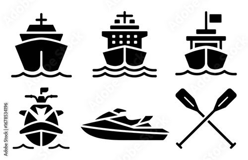 Collection of Nautical and Watercraft Icons: Ships, Jet Ski, and Oars
