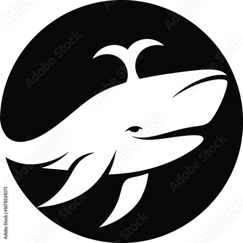 Stylized white whale silhouette in a black circle