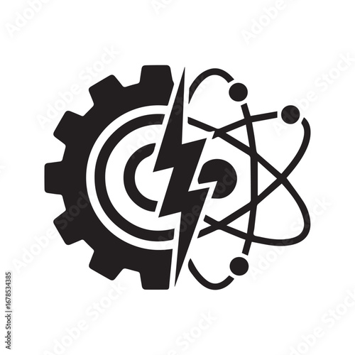 Science and Technology Symbol Combining an Atom, Gear, and Lightning Bolt, an Industrial Engineering and Energy Vector Icon
