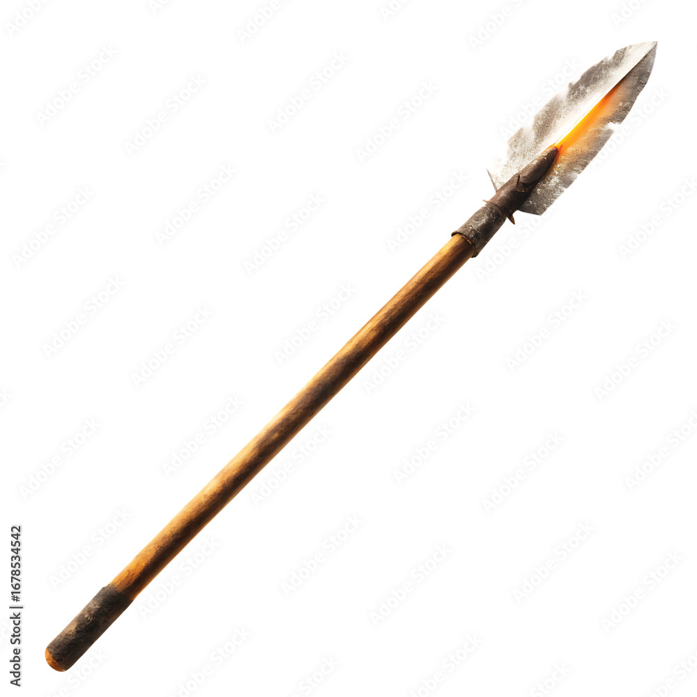 Naklejka premium Ancient spear with sharp stone tip and glowing shaft on background weapon primitive isolated on a transparent background