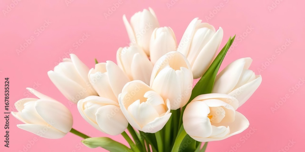 Fototapeta premium Elegant cluster of pristine white tulips against a soft pink backdrop, photo, botanical