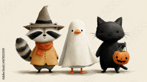 Cute Halloween Animals in Costumes – Raccoon, Duck, and Black Cat