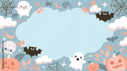 Cute Halloween background Template with Ghosts and Bats