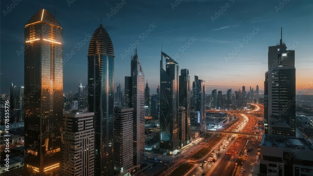 Obraz premium At night, the city is full of high - rise buildings, bright lights, and a stream of traffic on the roads, showing prosperity to the full.