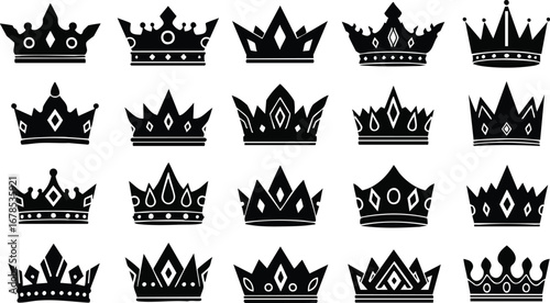 Elegant collection of diverse royal crowns symbolizing power, luxury, and achievement