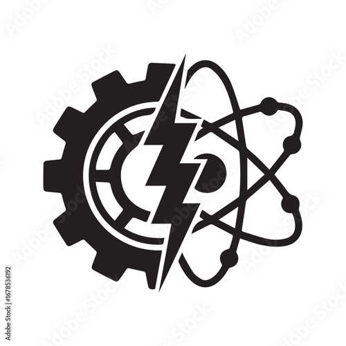 Science and Technology Symbol Combining an Atom, Gear, and Lightning Bolt, an Industrial Engineering and Energy Vector Icon
