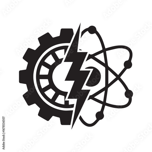 Science and Technology Symbol Combining an Atom, Gear, and Lightning Bolt, an Industrial Engineering and Energy Vector Icon
