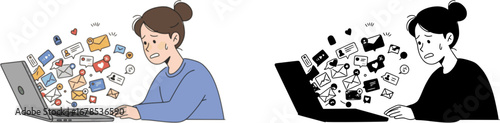 A person feeling stressed reacts to the overwhelming flow of numerous digital messages coming from their laptop
