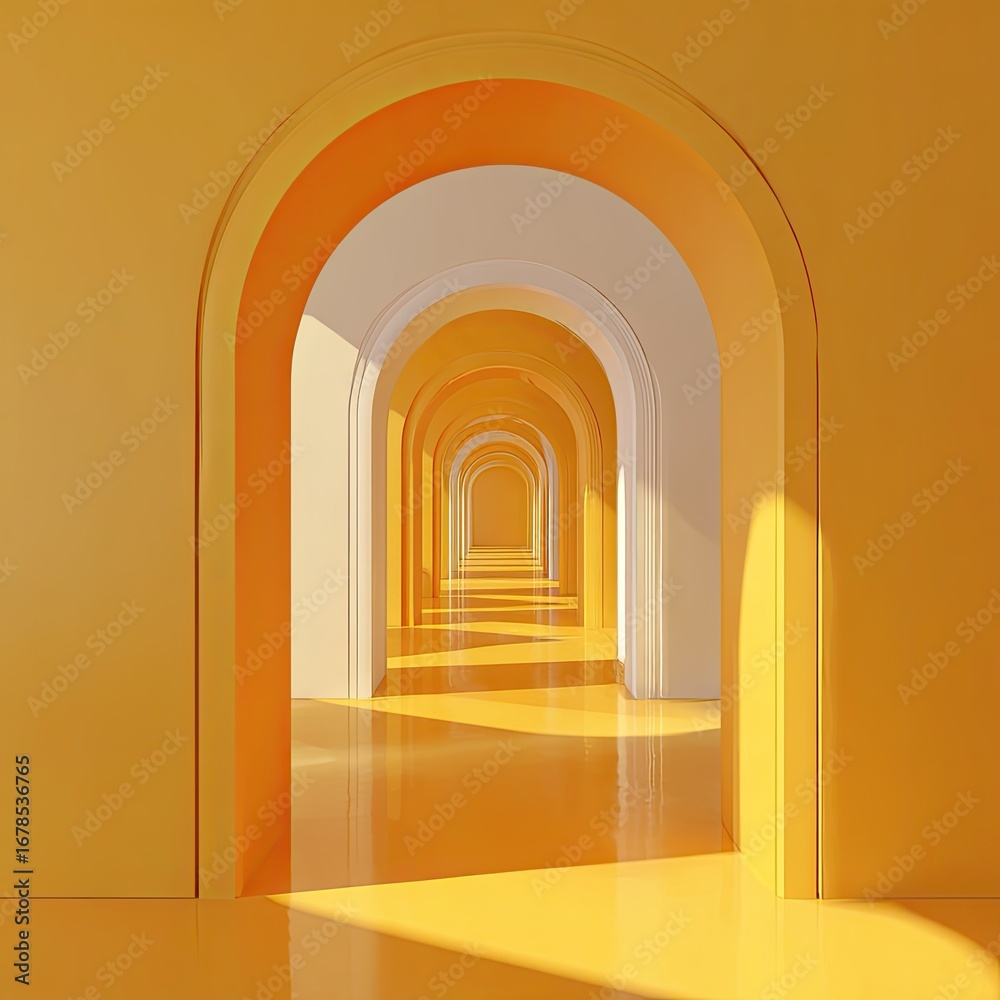 Fototapeta premium Bright yellow arches, endless hallway