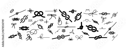 Collection of Various Rope Knots and Bows in Black and White