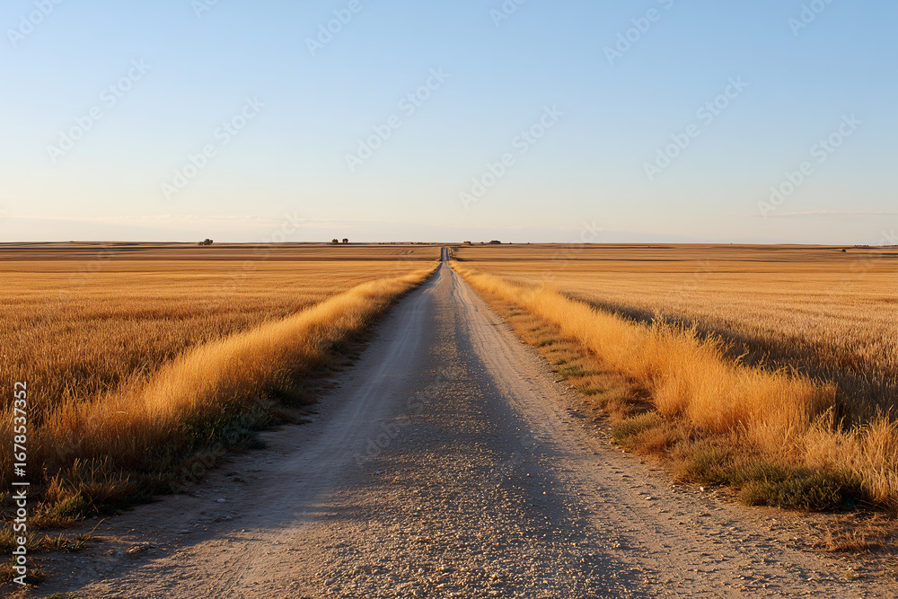 Fototapeta premium An open road stretching through a golden landscape under a clear blue sky. A beautiful shot symbolizing freedom and journey