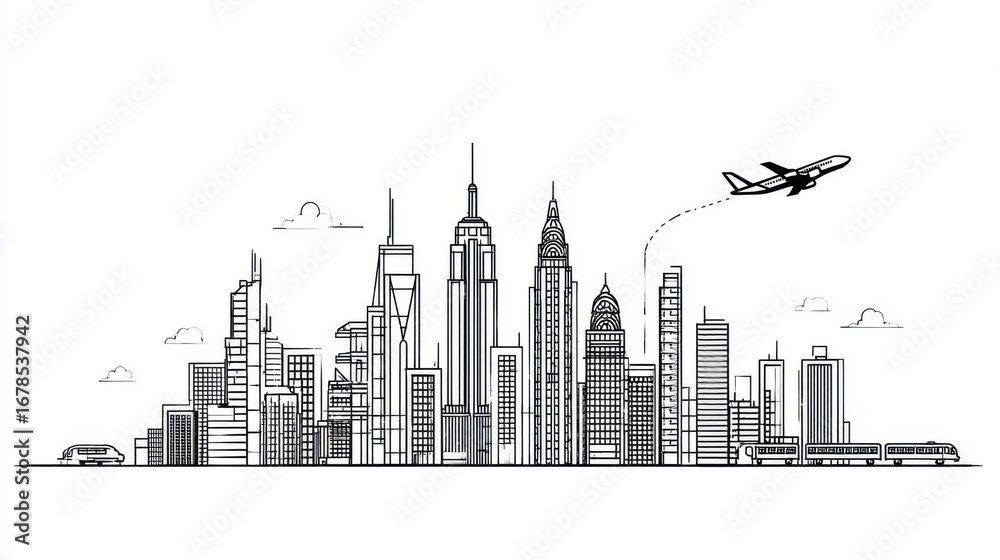 Fototapeta premium Black and White City Skyline Illustration with Airplane